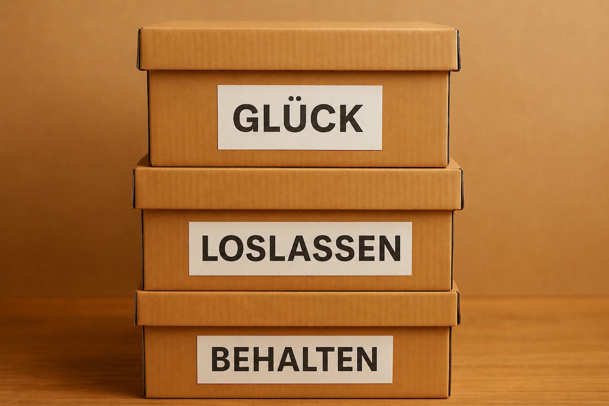 Drei beschriftete Kartons mit den Worten Glück, Loslassen und Behalten als Symbol für bewusste Entscheidungen, innere Ordnung und persönliches Wohlbefinden.