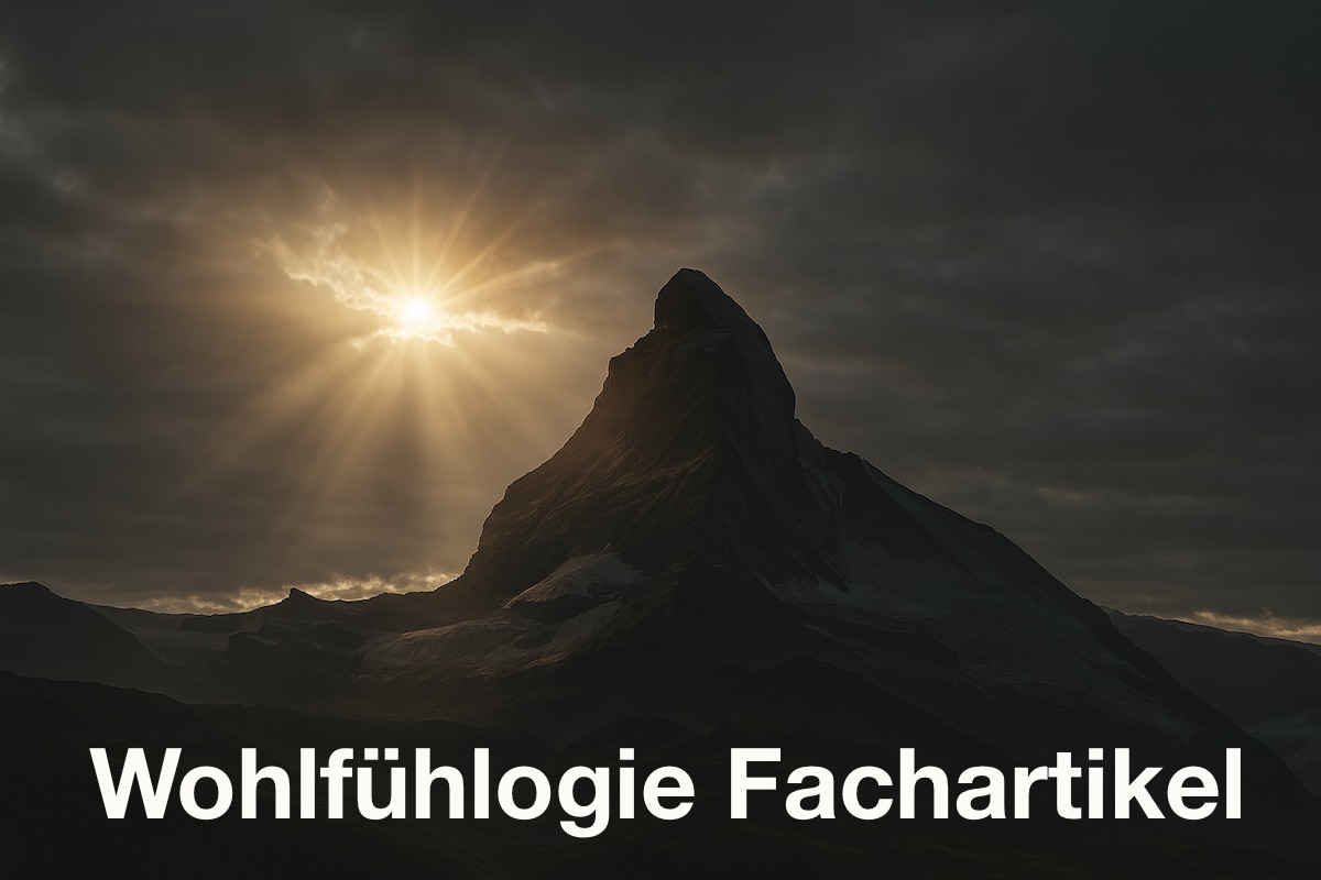 Ein im Schatten liegender Berg - Sonne bricht durch die Wolken. Text: Wohlfühlogie Fachartikel