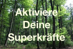 Grüner Wald bei hellem Tageslicht. Text-Overlay Aktiviere Deine Superkräfte