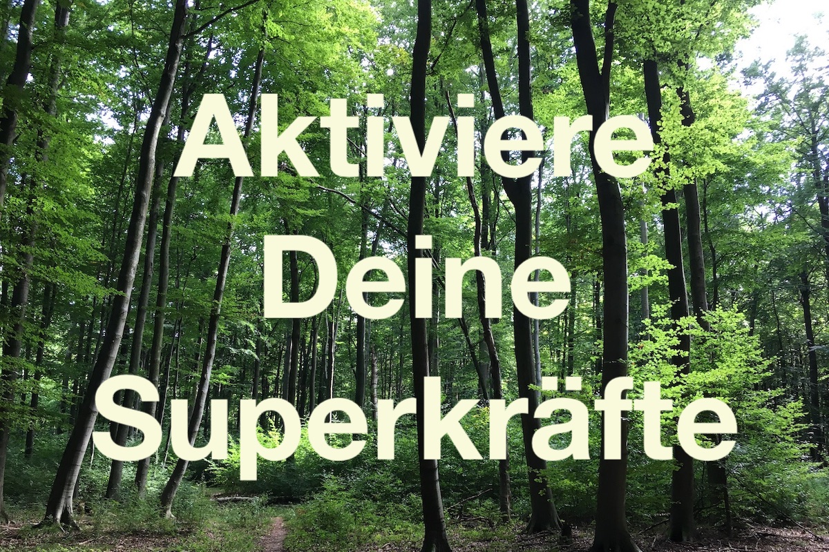 Grüner Wald bei hellem Tageslicht. Text-Overlay Aktiviere Deine Superkräfte