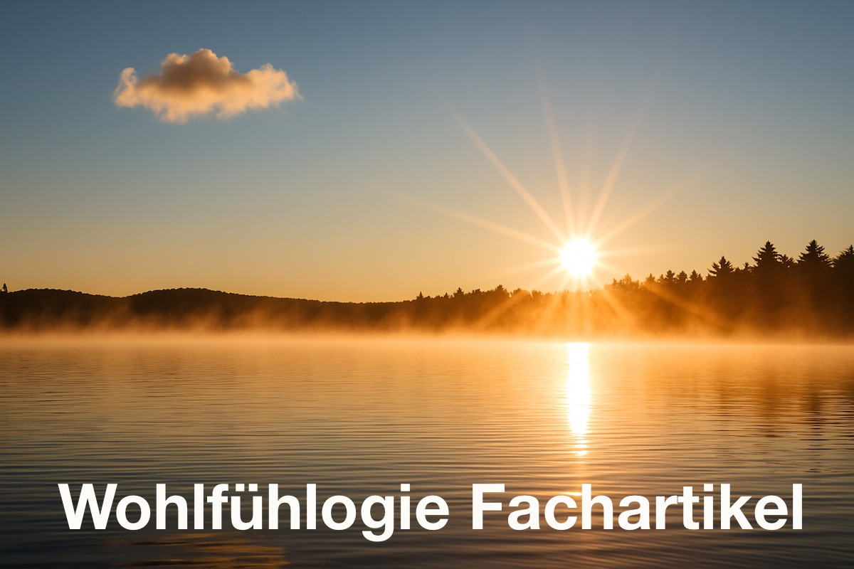 Sonnenuntergang hinter der Landschaft auf der gegenüberliegenden Seite eines Sees. Text: Wohlfühlogie Fachartikel