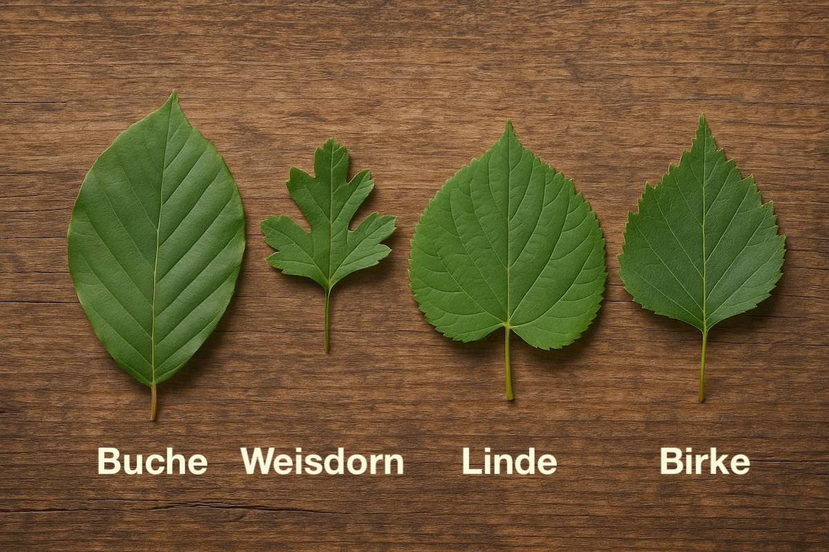 Blätter einer Buche-Weissdorn-Linde-BIrke mit Beschriftung auf einer Holzfläche