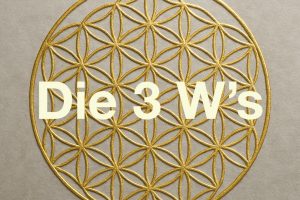 Blume des Lebens in Gold. Text-Overlay Die 3 W's