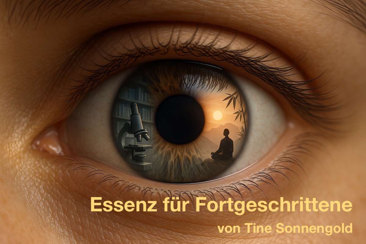 Ein Auge in Nahansicht. In der Iris links eine Bibliothek und ein Mikroskop, rechts ein im Lotussitz meditierender vor einem Sonnenaufgang. Dadrunter der Text Essenz für Fortgeschrittene, Tine Sonnengold