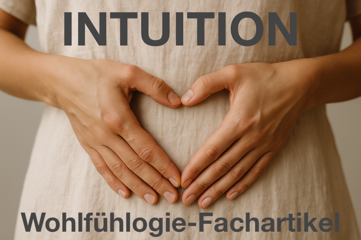 Frau im Leinenkleid hält ihre Hände in Herzform über Ihrem Bauch. Text-Overlay: Intuition, Wohlfühlogie-Fachartikel