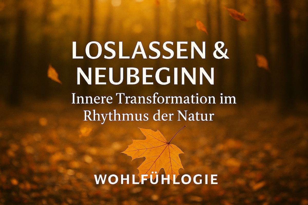 Text über blurry Herbstwald: Loslassen und Neubeginn, Innere Transformation im Rhythmus der Natur, Wohlfühlogie