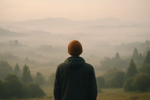 Mann von hinten der in eine offene Landschaft schaut