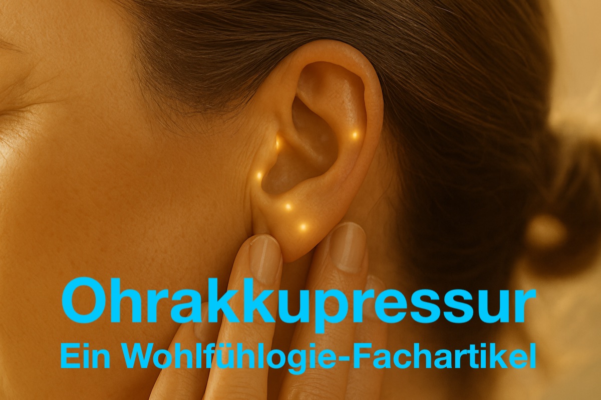 Nahaufnahme einer Linken Kopfseite mit leuchtenden Akkupressurpunkten im Ohr