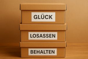 Drei übereinandergestapelte Kartons mit jeweils einem Aufkleber. Unten: Behalten, Mitte: Loslassen, Oben: Glück
