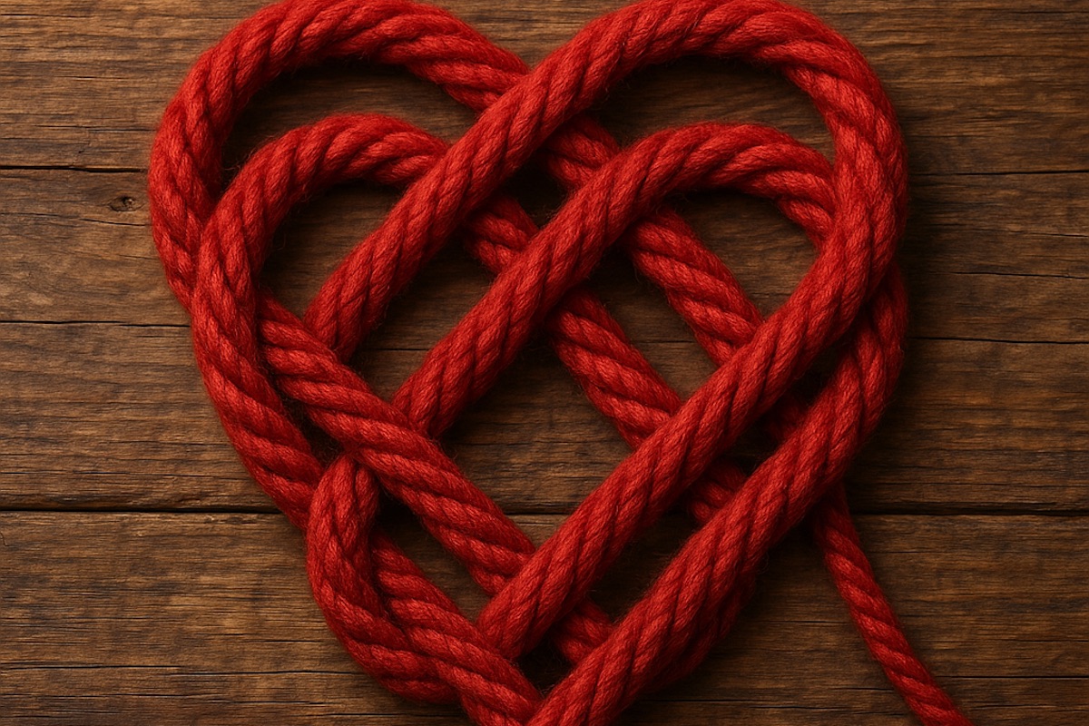 Dicker roter Wollfaden keltisch in Form eines Herzens auf einer Holzplatte gelegt