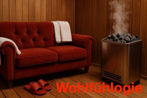 Eine Sauna in der anstatt Saunabänke ein rotes Plüschsofa steht. Über der Lehne ein Handtuch, rote Badeschlappen davor und rechts daneben ein dampfender Saunaofen mit Steinen. Unten rechts das Wort Wohlfühlogie