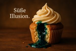 Cupcake mit Sahnehaube aus dem eine glibbrige giftgrüne Flüssigkeit herausläuft. Text daneben: Süße Illusion