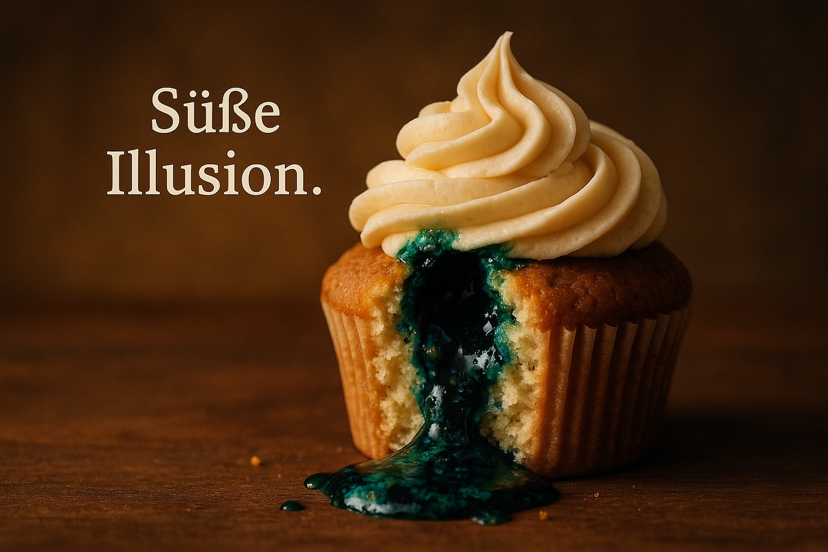 Cupcake mit Sahnehaube aus dem eine glibbrige giftgrüne Flüssigkeit herausläuft. Text daneben: Süße Illusion