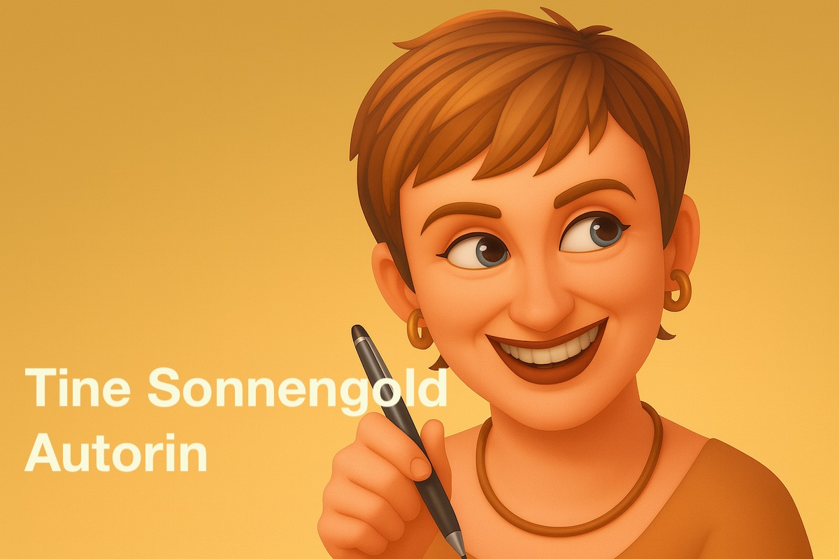 Ein Avatar-Bild von Tine Sonnengold mit einem Kugelschreiber in der Hand und dem Text daneben: Tine Sonnengold, Autorin