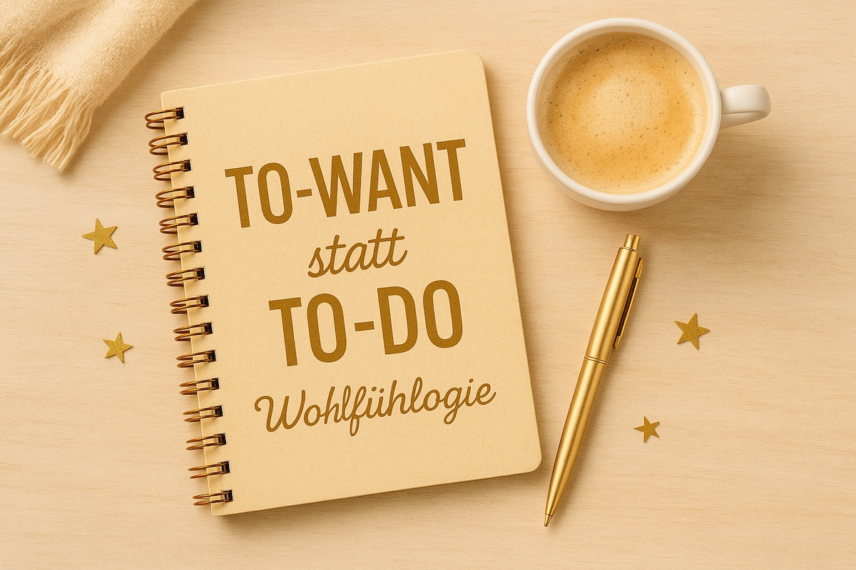 Kaffebecher, ein Bleixtift und ein Notizbuch mit dem Text To-Want statt To-Do Wohlfühlogie