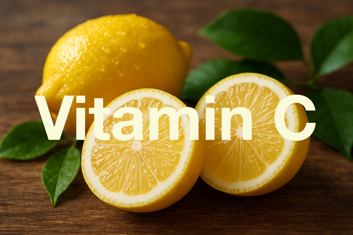 Zwei Bio-Zitronen mit Blättern - eine davon Halbiert - liegen auf einer Holzplatte. Text-Overlay Vitamin C