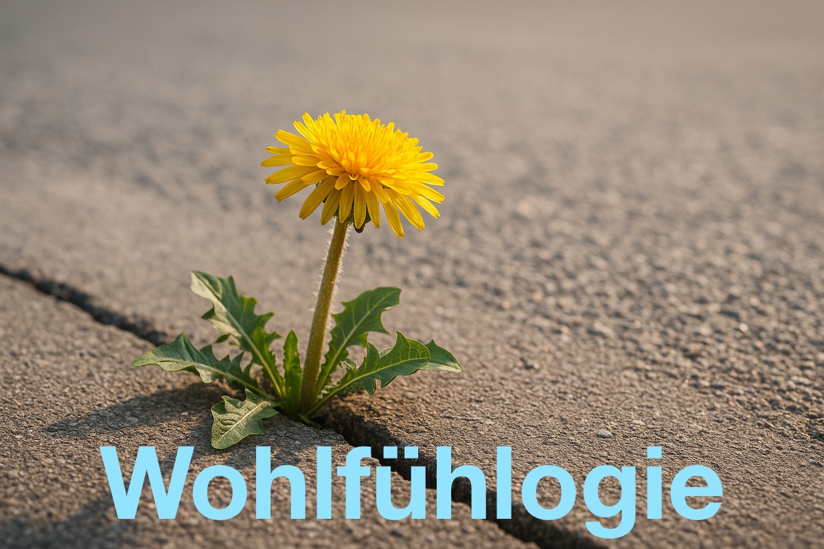 Löwenzahn der aus dem Asphalt heraus wächst. Darunter das Wort Wohlfühlogie