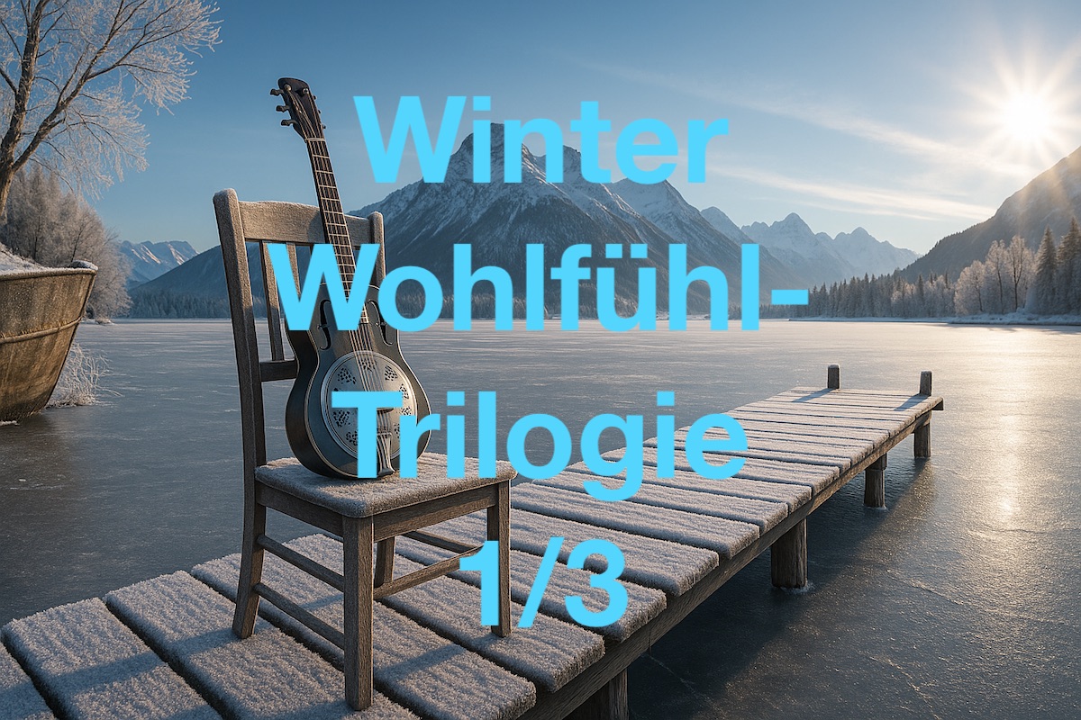 Winterlandschaft an einem zugefrorenen Bergsee - auf einem Steg steht ein Holzstuhl mit Rückenlehne und auf diesem Stuhl steht eine Resinanzgitarre. Overlay-Text: Winter Wohlfühl-Trilogie 1/3