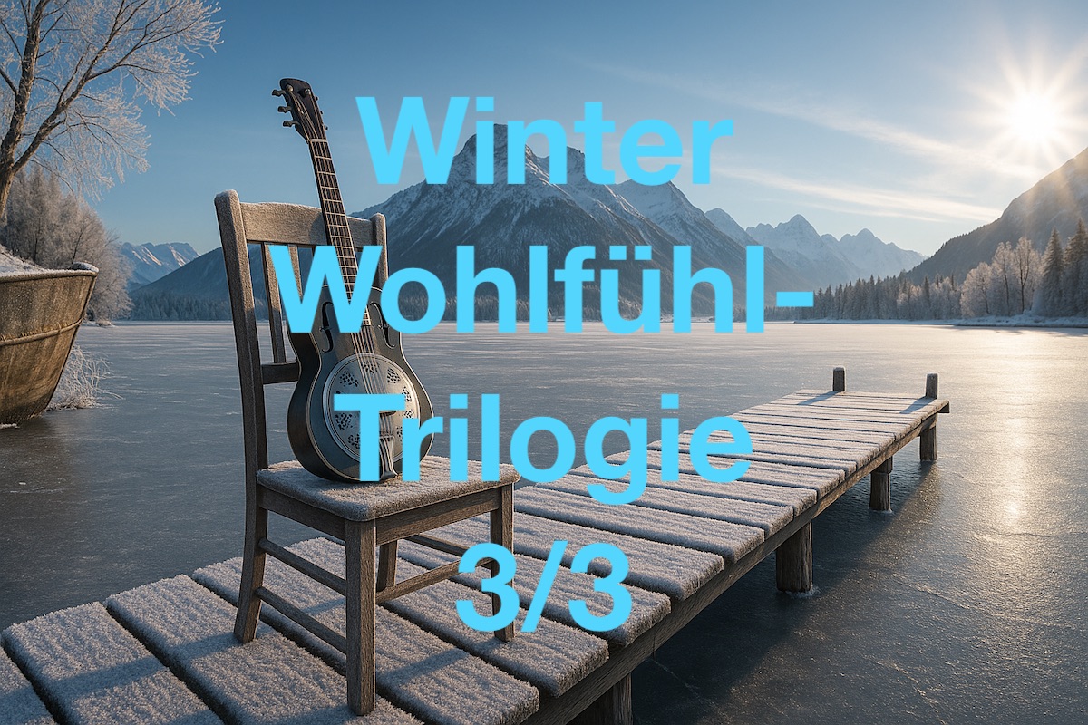 Winterlandschaft an einem zugefrorenen Bergsee - auf einem Steg steht ein Holzstuhl mit Rückenlehne und auf diesem Stuhl steht eine Resinanzgitarre. Overlay-Text: Winter Wohlfühl-Trilogie 3/3