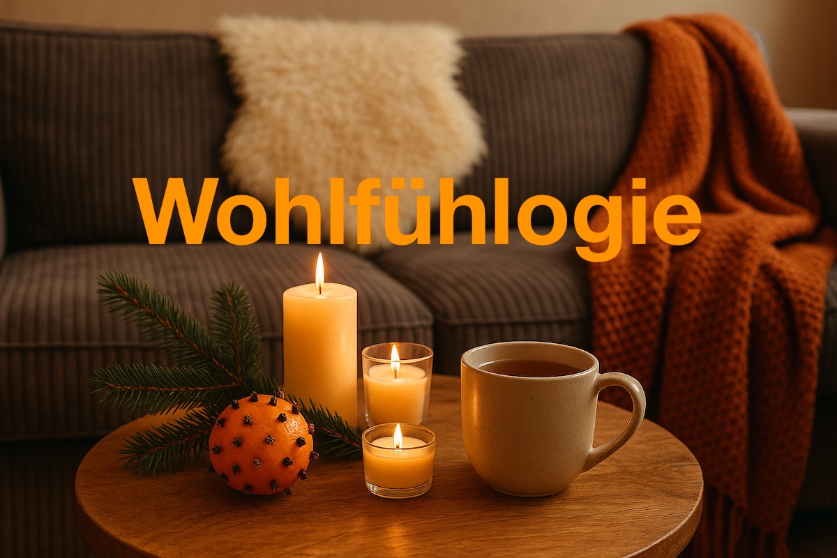 Weiches Sofa mit Lammfell und weicher oragefarbener Decke - davor ein runder Holz-Sofatisch auf dem brennende Kerzen, ein großer Kaffebecher und eine mit Nelken gespickte Orange liegen.