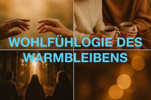 Vier Frames 2:2. Oben links zwei Hände die sich annähern. Oben rechts: Zwei Personen auf einem Sofa mit Kaffeebechern in der Hand (Bildausschnitt: Oberkörper, Hände mit Kaffeebecher, Oberschenkel). Unten links: Drei Personen die sich einen Sonnenuntergang ansehen. Unten rechts: Glitzerndes Licht - Bokeh-Effekt. Alles in Warmen Tönen gehalten. Overlay-Text: Wohlfühlogie des Warmbleibens.