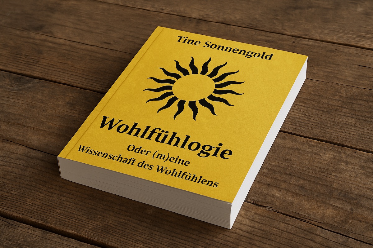 3D-Mock-up des Buches Wohlfühlogie-oder (m)eine Wissenschaft des Wohlfühlens auf einer dunklen Holztisch-Oberfläche