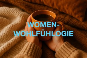 Frauenhände halten einen gefüllten Kaffeebecher in einer gemütlichen Sofalandschaft. Overlay-Text: Women-Wohlfühlogie