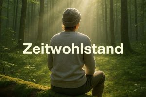 Mann sitzt entspannt auf einem Baumstamm und schaut in den lichtdurchfluteten Wald