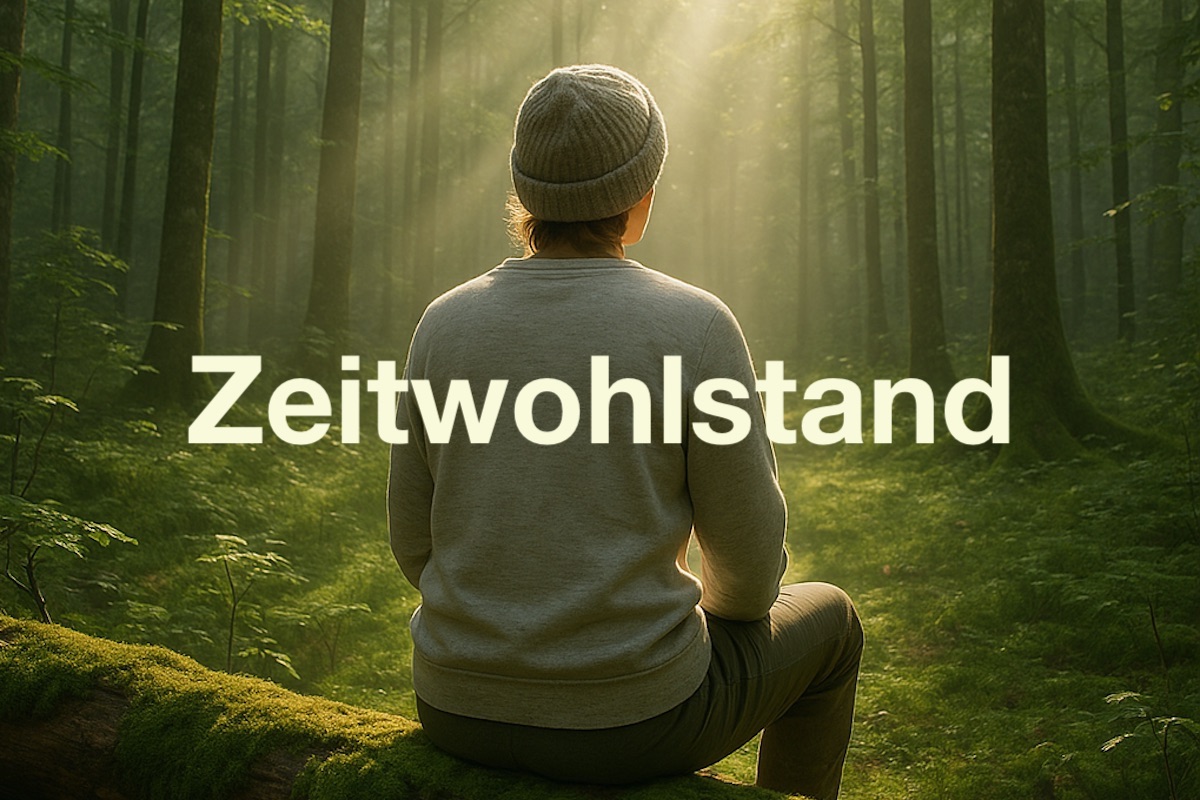 Mann sitzt entspannt auf einem Baumstamm und schaut in den lichtdurchfluteten Wald