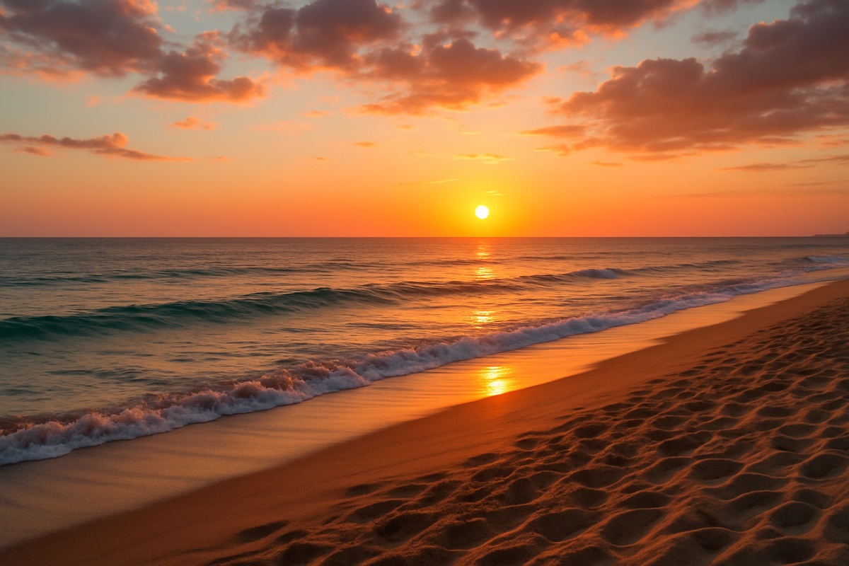 Blick auf den Sonnenuntergang vom Strand über das Meer