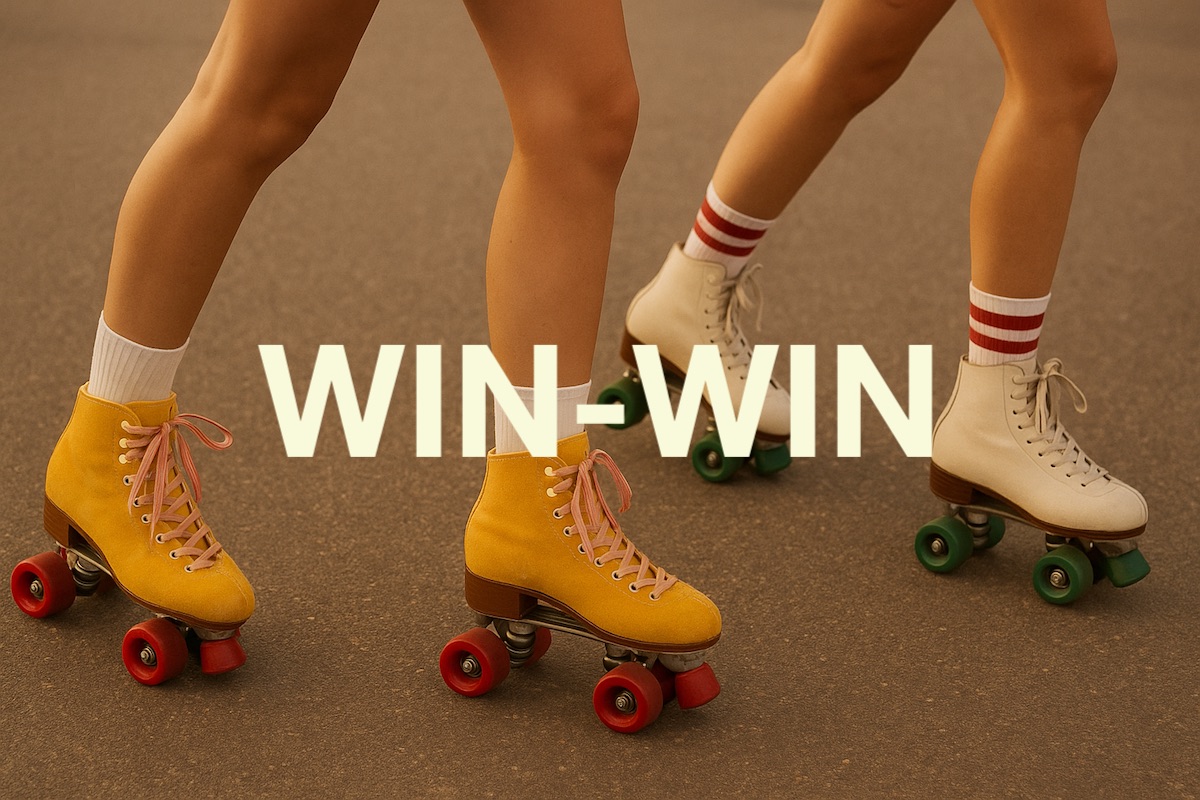Zwei Rollschuhläuferinnen die sich wohl gegenseitig vorwärts ziehen und dem Text-Overlay WIN-WIN