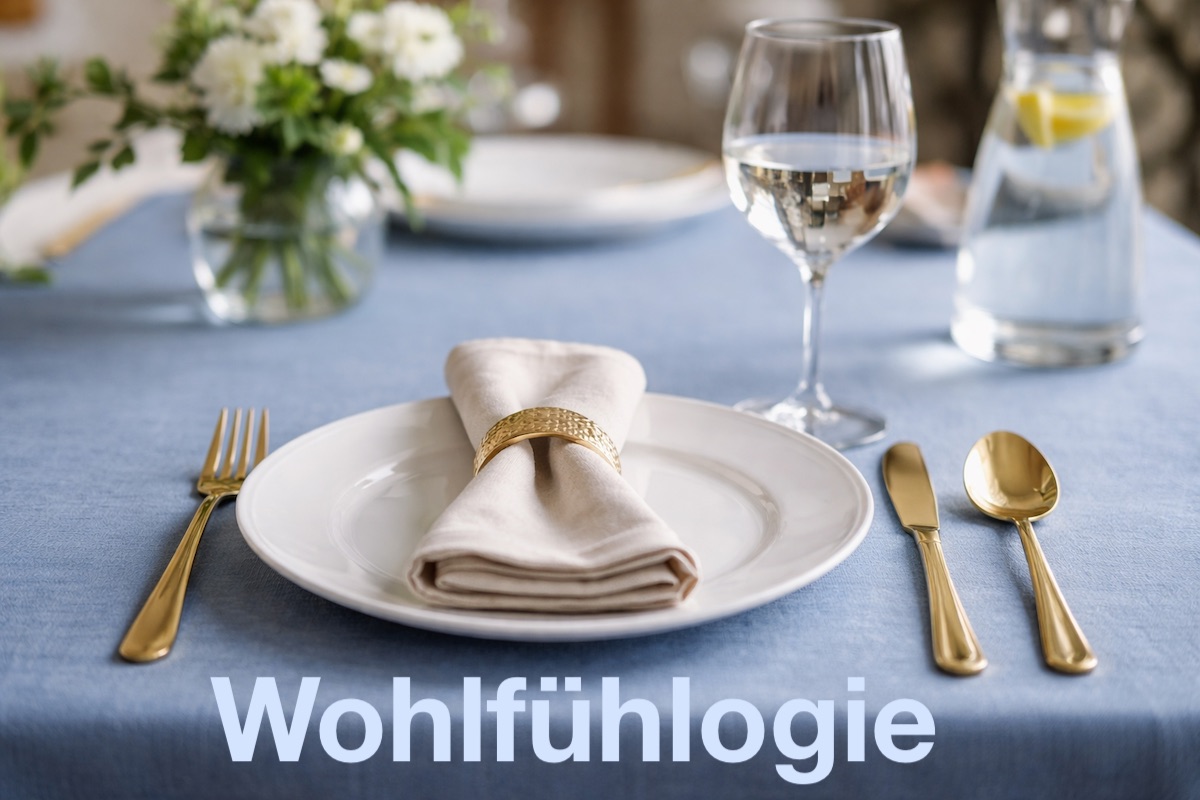 gedeckte Tafel mit blauer Tischdecke, goldenem Besteck und weißer Stoffserviette