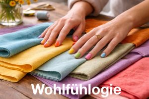 bunter Stoff, der von Händen mit bunt lackierten Nägeln angefasst wird