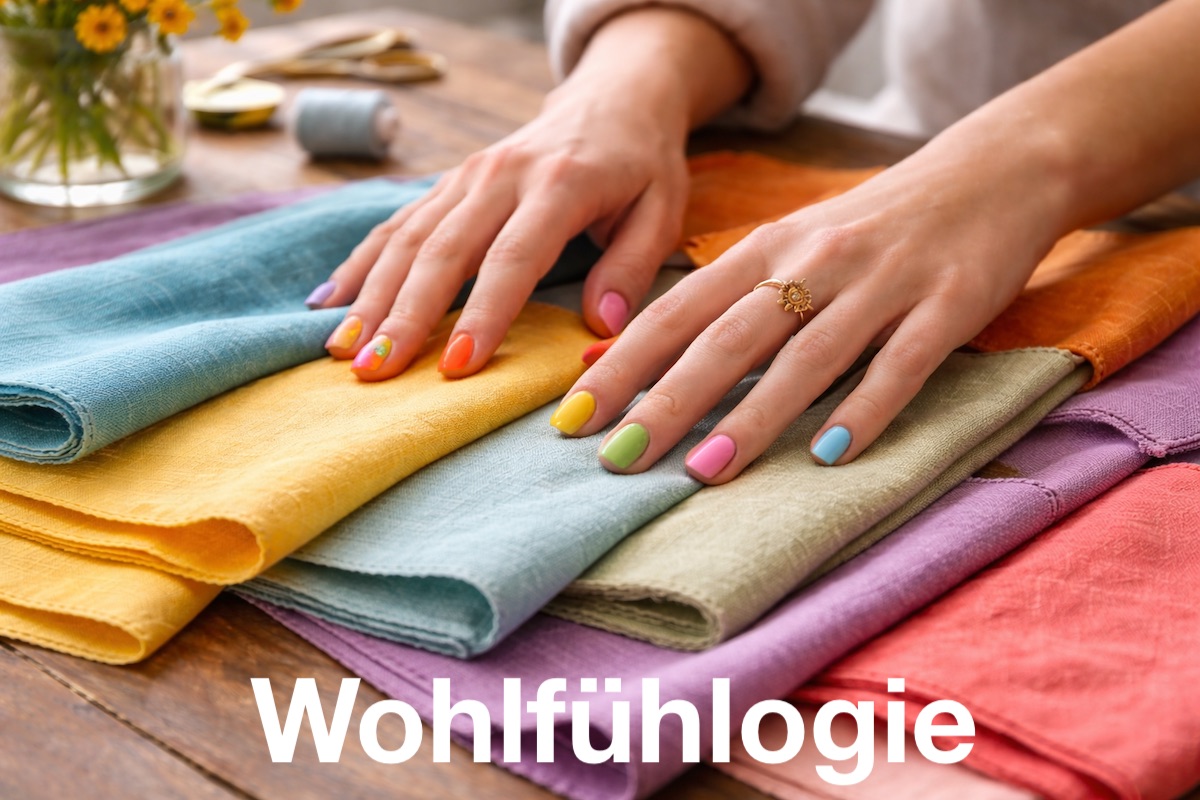 bunter Stoff, der von Händen mit bunt lackierten Nägeln angefasst wird