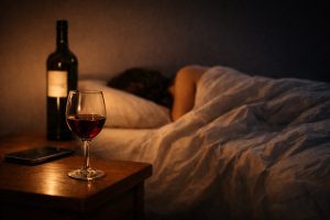 Frau liegt im Bett, Glas Wein und eine Flasche stehen auf dem Nachtisch