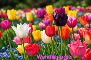 Tulpenfeld in allen Farben: rot, pink, weiß, gelb,lila