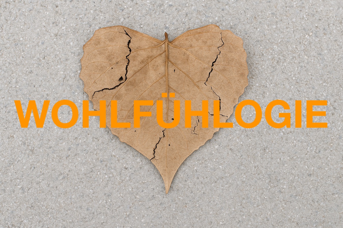 Vertrocknetes Blatt in Herzform auf Asphalt. Text-Overlay: Wohlfuehlogie