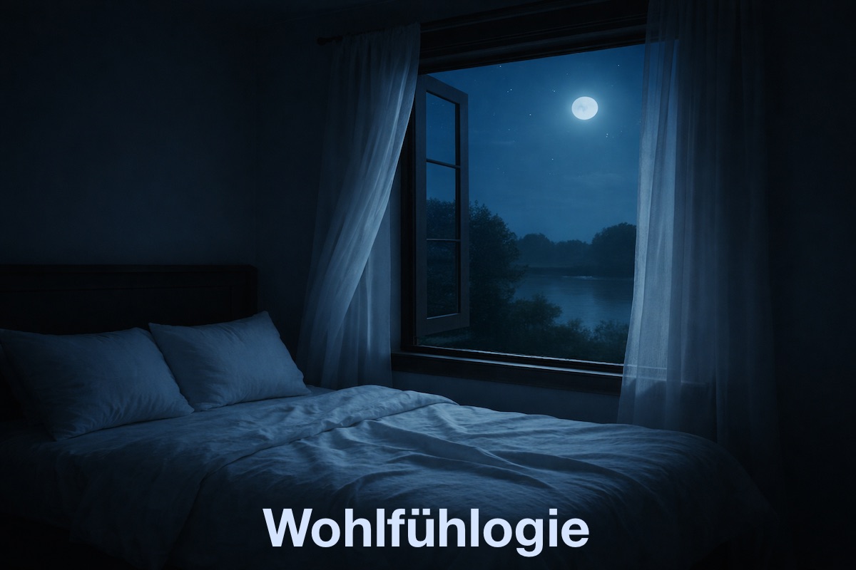Betten am offenen Fenster in der Nacht mit Mondschein, Blick auf einen See