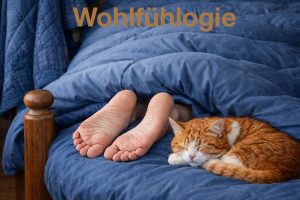 nackte Füsse im Bett mit blauer Bettwäsche und Katze