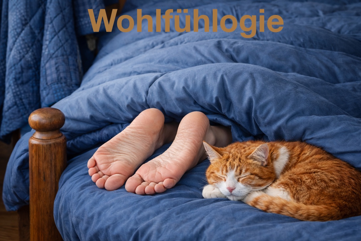 nackte Füsse im Bett mit blauer Bettwäsche und Katze