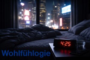 Bett in der Nacht mit Blick auf Großstadtskyline und Weckeranzeige vier Uhr fünfundzwanzig