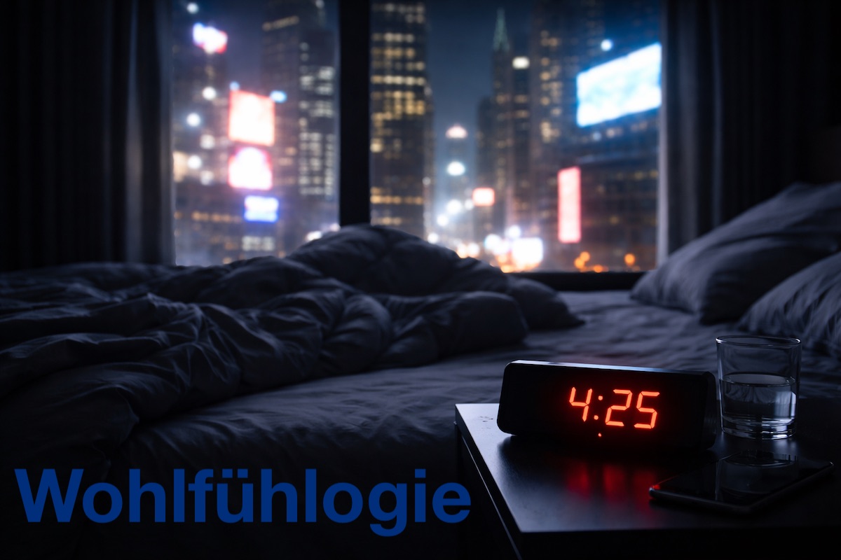 Bett in der Nacht mit Blick auf Großstadtskyline und Weckeranzeige vier Uhr fünfundzwanzig