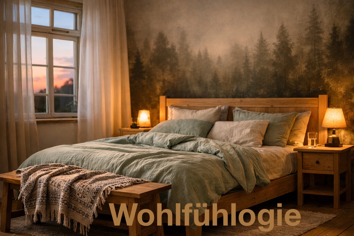 Schlafzimmer in sanften Grüntönen in Naturmaterialien eingerichtet