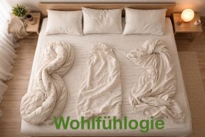 Bett mit cremefarbender Baumwollbettwäsche bezogen