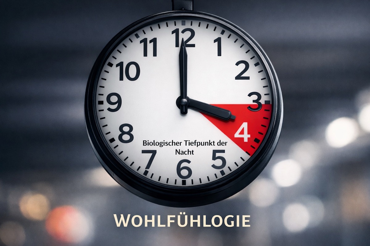 Bahnhofsuhr mit markiertem Zeitraum 2 bis 4 Uhr als biologischer Tiefpunkt der Nacht