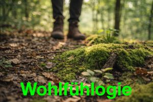 Person steht im Wald auf Moosboden