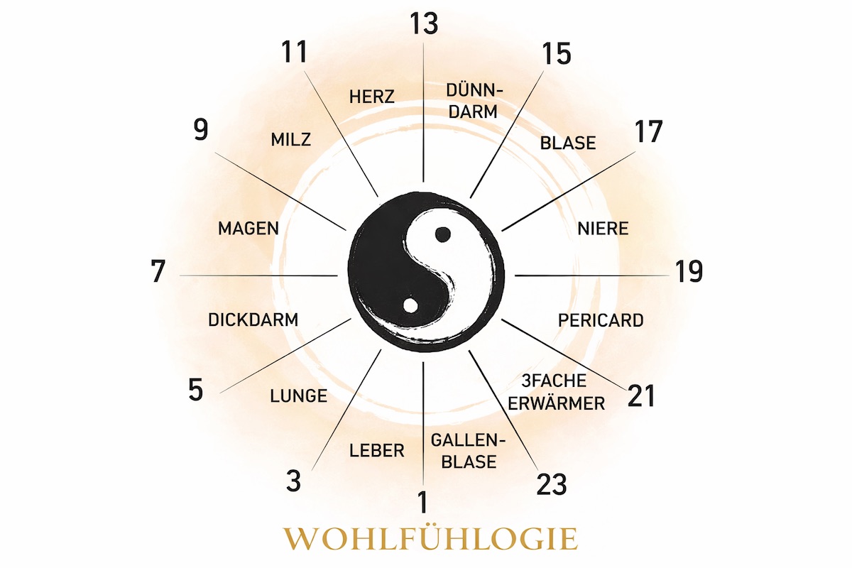 Grafik der Organuhr der Traditionellen Chinesischen Medizin mit Yin-Yang-Symbol und den Aktivitätszeiten der Organe im 24-Stunden-Körperrhythmus.