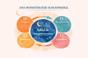 Das WOHLFÜHLOGIE-Schlafmodell zeigt Schlaf als Integrationsraum, in dem Körper, Nervensystem, Emotionen und persönliche Bedeutung miteinander verbunden sind.