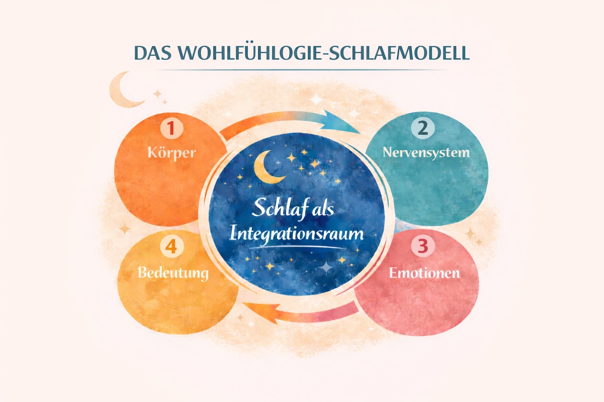Das WOHLFÜHLOGIE-Schlafmodell zeigt Schlaf als Integrationsraum, in dem Körper, Nervensystem, Emotionen und persönliche Bedeutung miteinander verbunden sind.