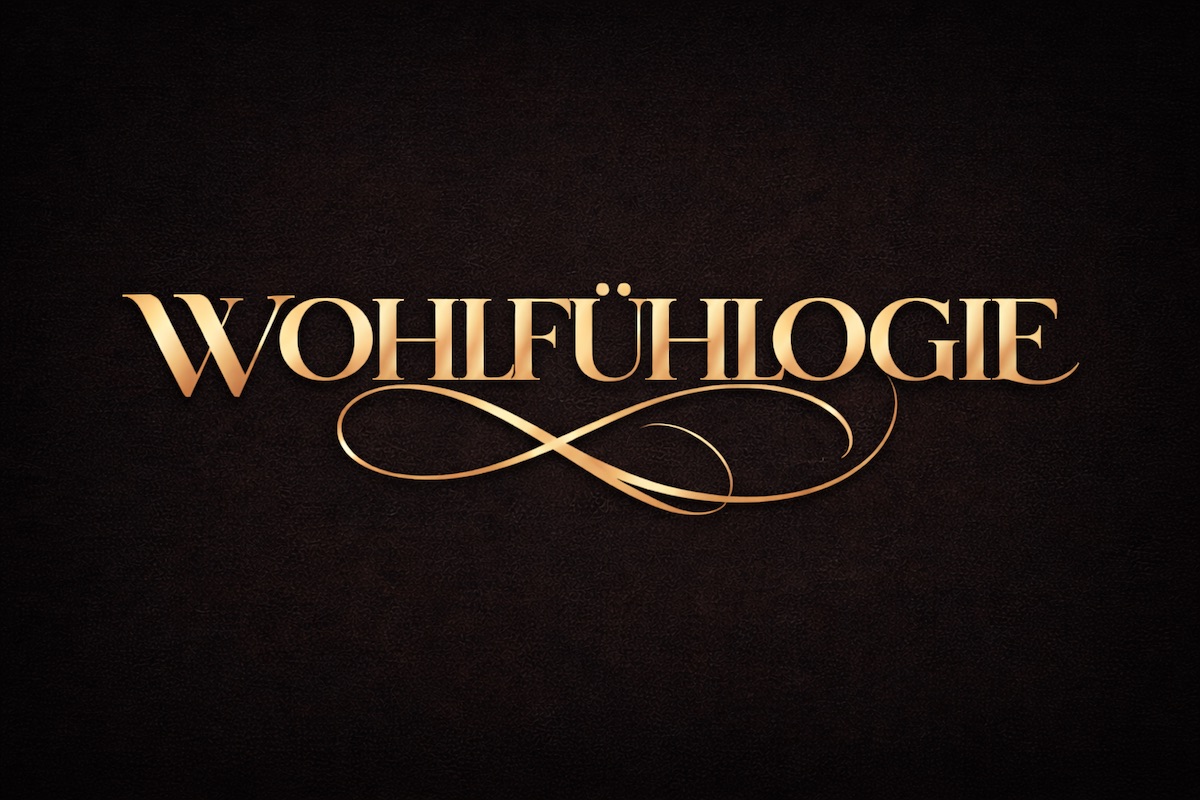 WOHLFÜHLOGIE in goldener Schrift auf dunklem Hintergrund als Titelbild für den Grundlagenartikel zur Wissenschaft des Wohlfühlens